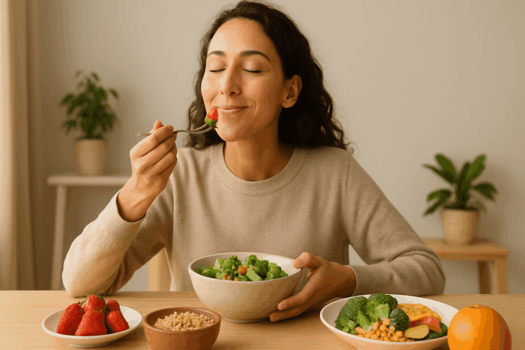 Person mindfully eating fruits, grains, and vegetables at a bright table, illustrating mindful alternatives to the worst foods for gut health.