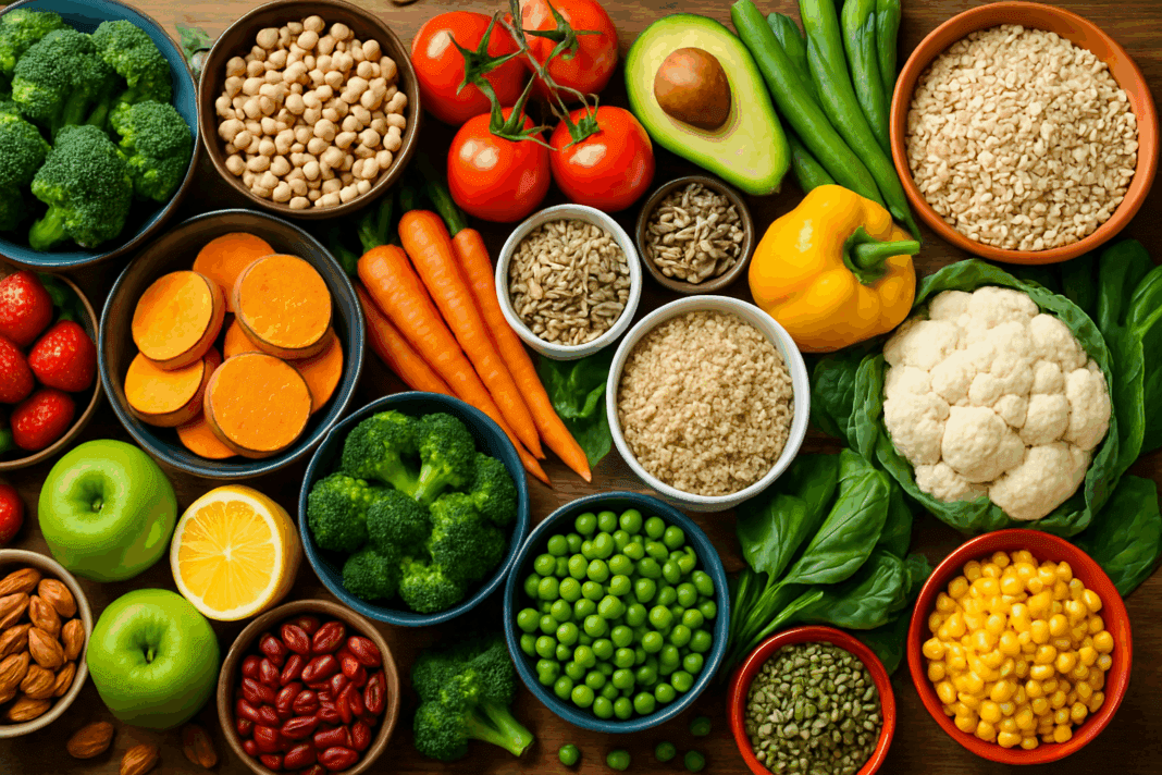 Colorful spread of fresh fruits, vegetables, grains, legumes, nuts, and seeds arranged on a table to illustrate a 7 Day Vegetarian Meal Plan.