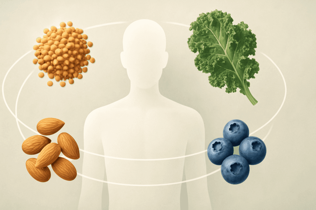 Human silhouette surrounded by lentils, kale, almonds, and blueberries representing nutrition and health for a 7 Day Vegetarian Meal Plan