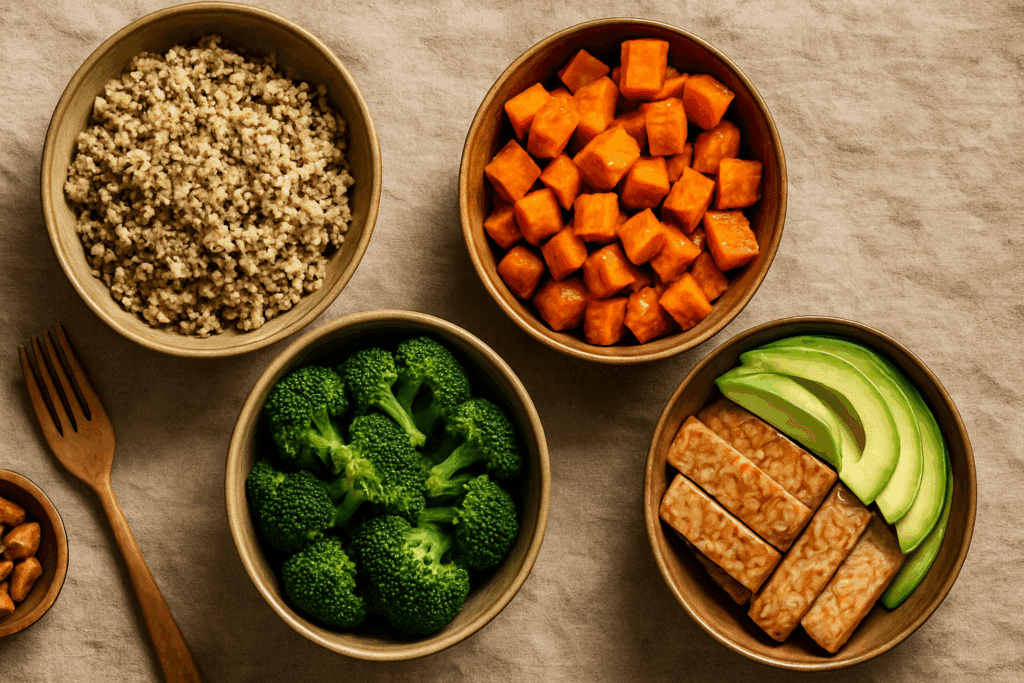 Colorful meal prep featuring quinoa, roasted sweet potatoes, steamed broccoli, tempeh, and avocado slices for a 7 Day Vegetarian Meal Plan