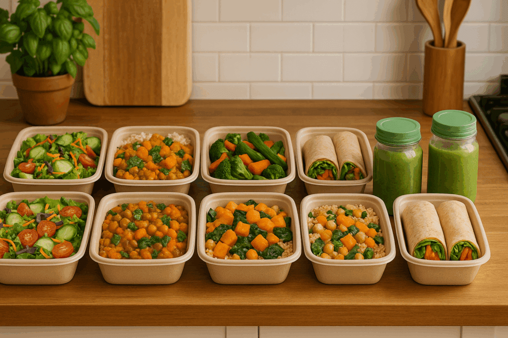 Cozy kitchen countertop displaying eco-friendly containers filled with colorful vegan meals for a 7 Day Vegetarian Meal Plan.