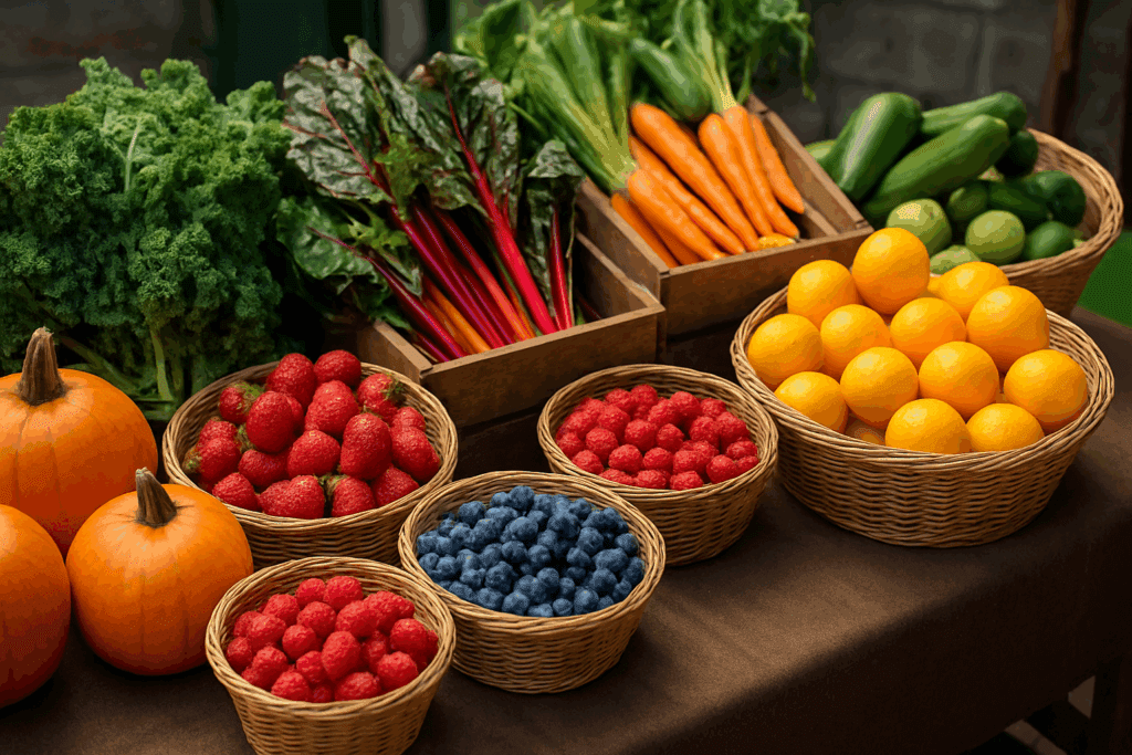 Colorful farmers market stand displaying pumpkins, berries, leafy greens, and citrus to inspire a 7 Day Vegetarian Meal Plan.