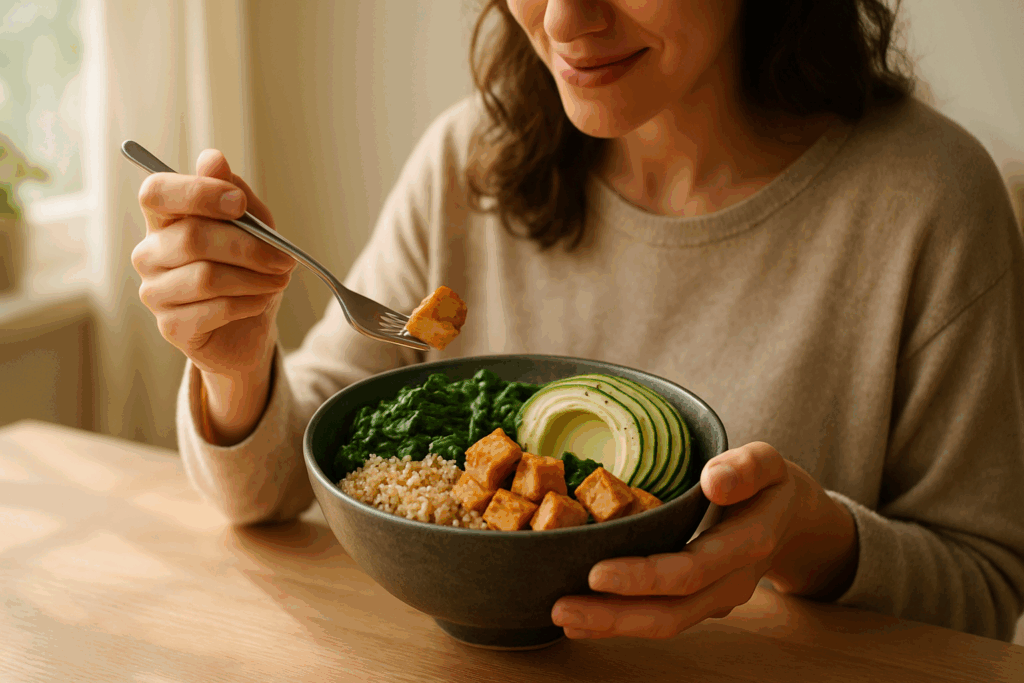 Person enjoying a vibrant vegan bowl of grains, greens, avocado, and tofu while following a 7 Day Vegetarian Meal Plan.