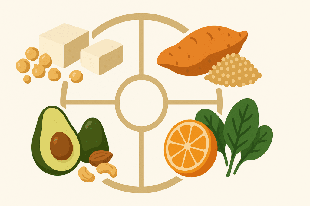 Colorful flat-style infographic showing plant-based foods like chickpeas, tofu, sweet potatoes, quinoa, avocados, nuts, oranges, and spinach for a 7 Day Vegetarian Meal Plan.