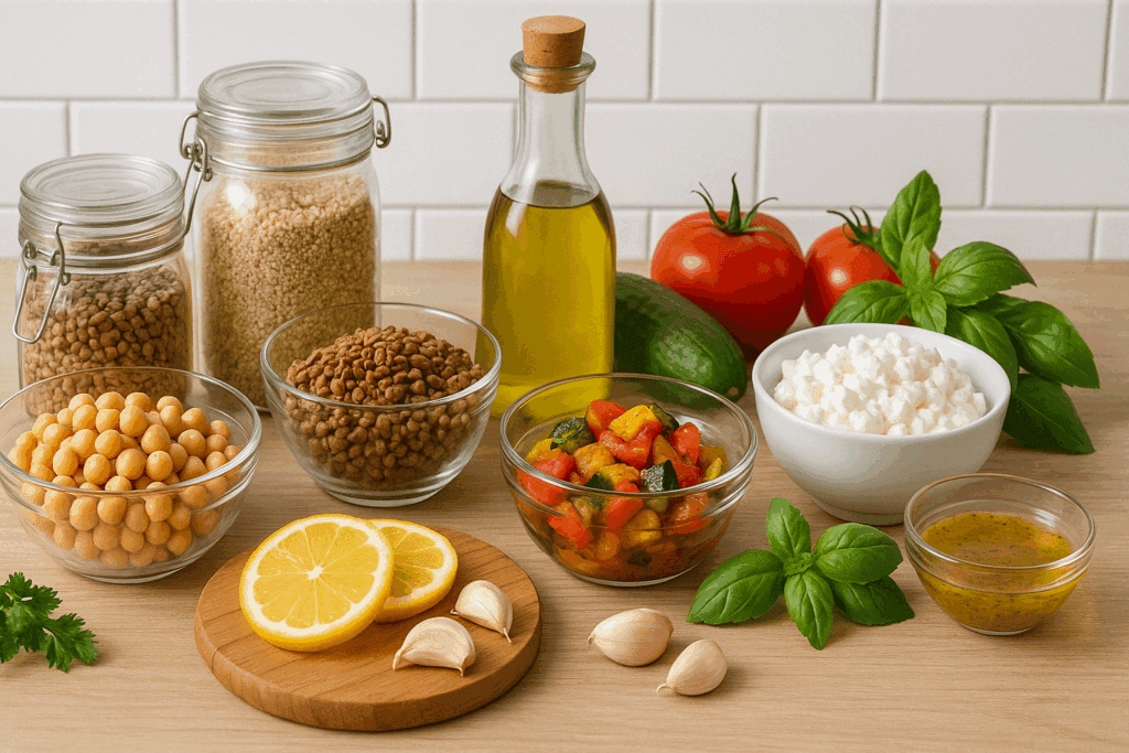 Meal prep containers with plant-based foods, olive oil, and cottage cheese supporting a modern Mediterranean diet with olive oil.