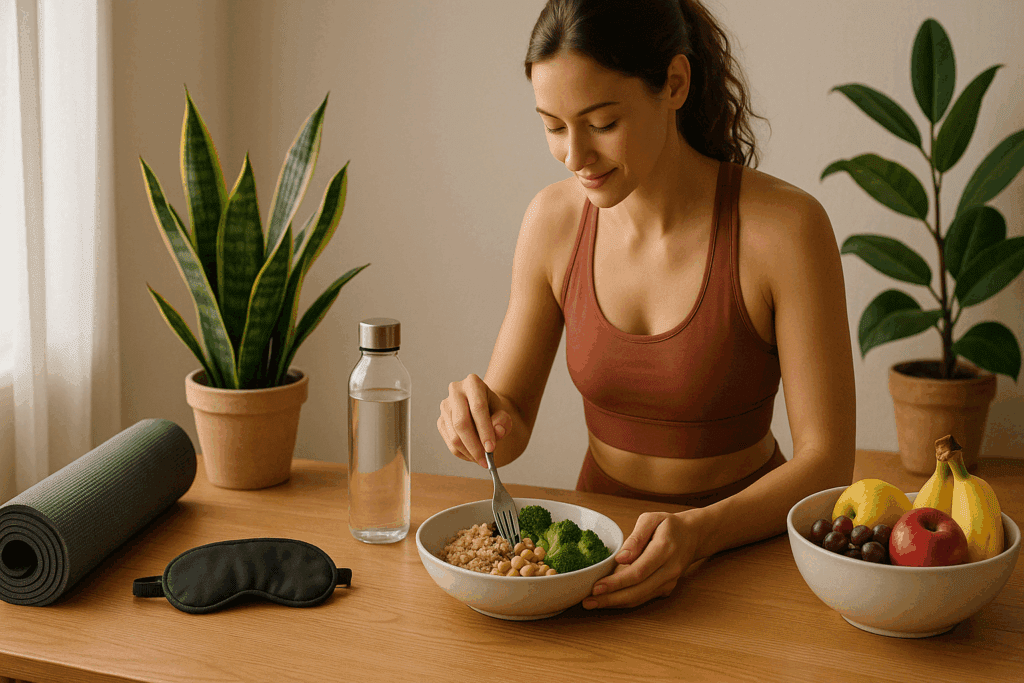 Woman preparing healthy vegetarian meal with fitness and wellness items nearby, supporting a high protein vegetarian diet for weight loss