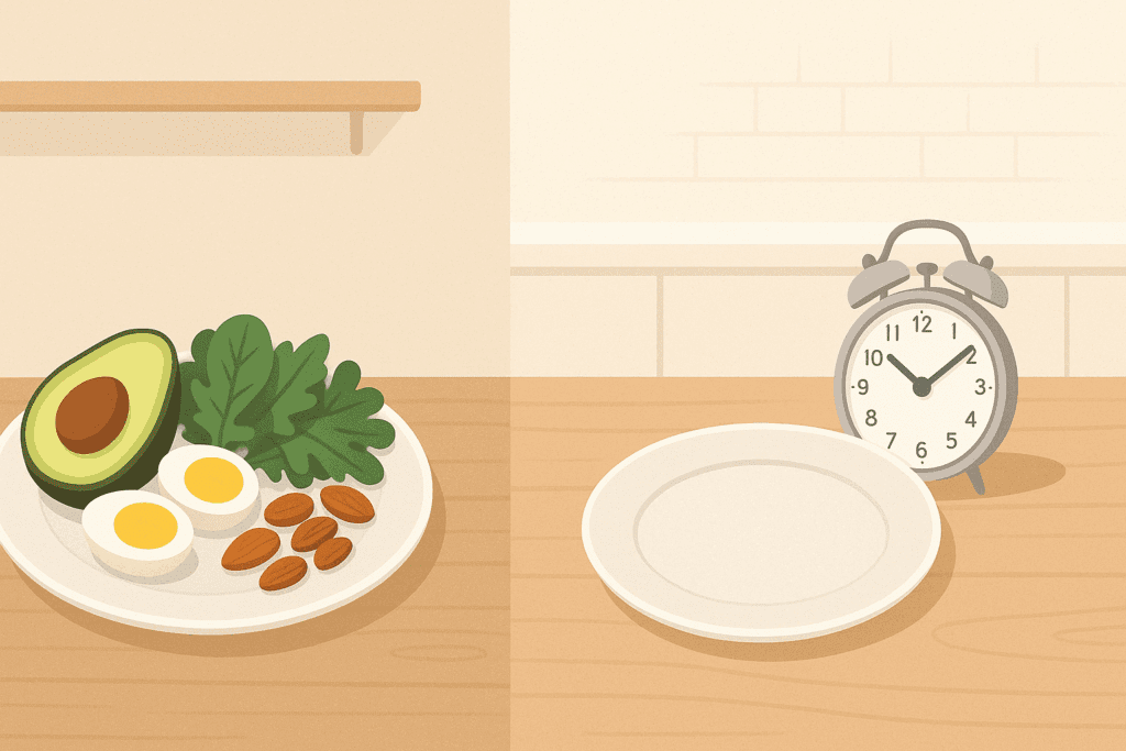 Side-by-side comparison of intermittent fasting vs meal skipping, visually addressing: does skipping meals help lose weight