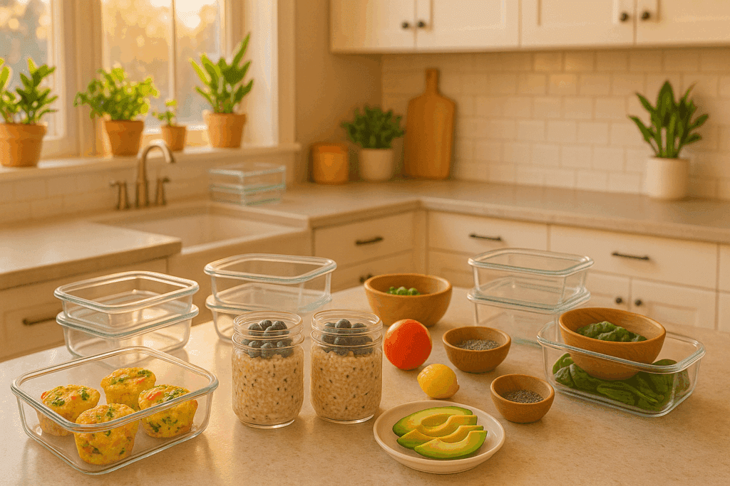 A sunlit, modern kitchen at sunrise with a warm, natural glow. The clean countertop displays high-protein breakfast items, including vegetable egg muffins in a glass meal prep container, overnight oats topped with blueberries in mason jars, a glass of green smoothie, fresh spinach leaves in a reusable container, sliced avocado on a plate, and whole fresh ingredients like tomato, lemon, and chia seeds in wooden bowls. The background features white cabinets, potted herbs on the windowsill, a farmhouse sink, and a bright, inviting ambiance reflecting health, mindfulness, and intentional living.