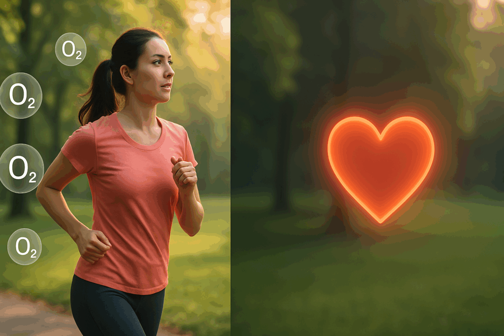Aerobic vs. Cardiovascular Exercise: What Young Adults Need to Know for Peak Endurance and Performance 1 Split-screen showing jogging woman with oxygen and glowing heart symbol, illustrating Aerobic vs. Cardiovascular Exercise.