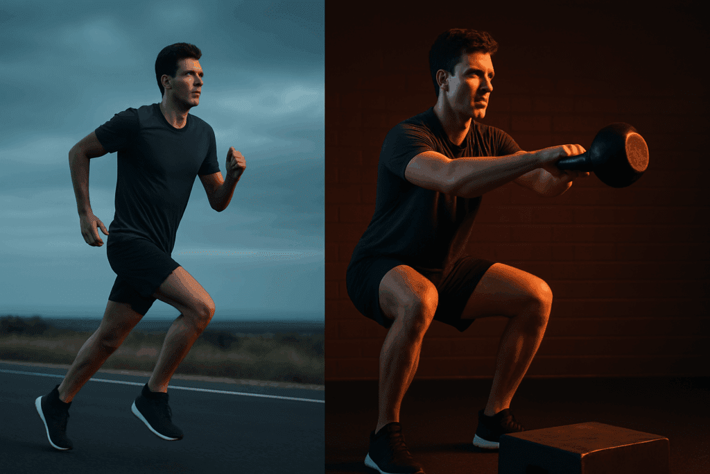 Aerobic vs. Cardiovascular Exercise: What Young Adults Need to Know for Peak Endurance and Performance 2 Young adult training in split scene showing endurance running and kettlebell power moves to contrast Aerobic vs. Cardiovascular Exercise.