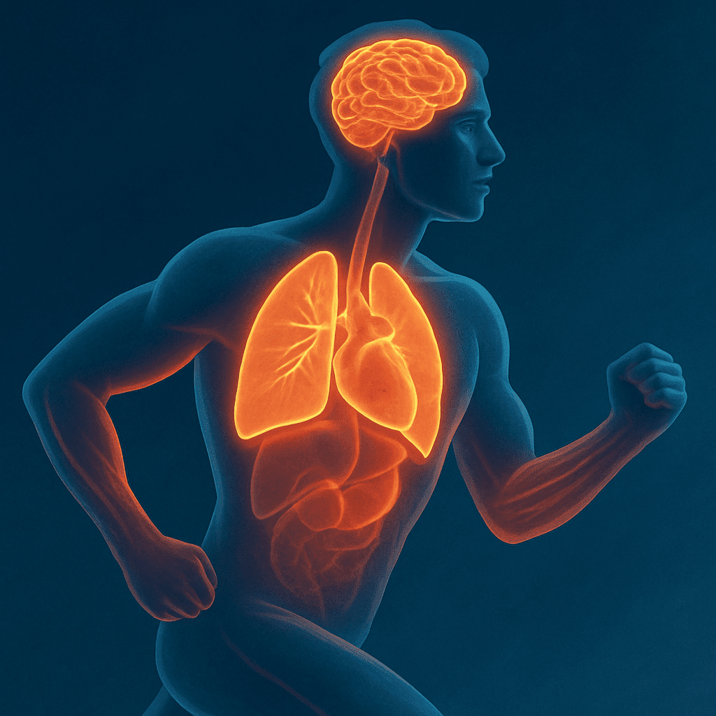Aerobic vs. Cardiovascular Exercise: What Young Adults Need to Know for Peak Endurance and Performance 3 Human figure running with glowing heart, lungs, brain, and muscles to depict internal benefits of Aerobic vs. Cardiovascular Exercise