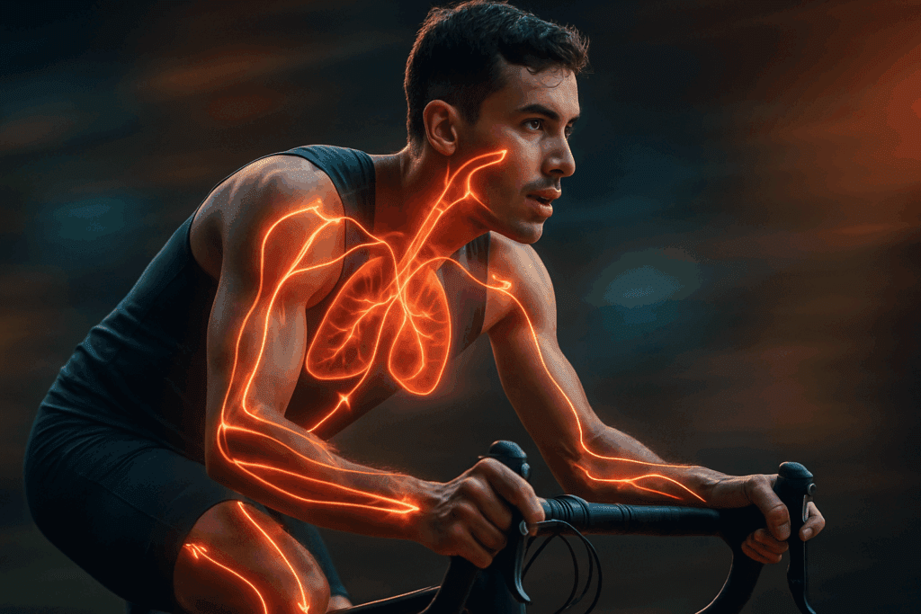 Aerobic vs. Cardiovascular Exercise: What Young Adults Need to Know for Peak Endurance and Performance 4 Fit young man cycling with glowing pathways symbolizing oxygen flow, illustrating Aerobic vs. Cardiovascular Exercise benefits.