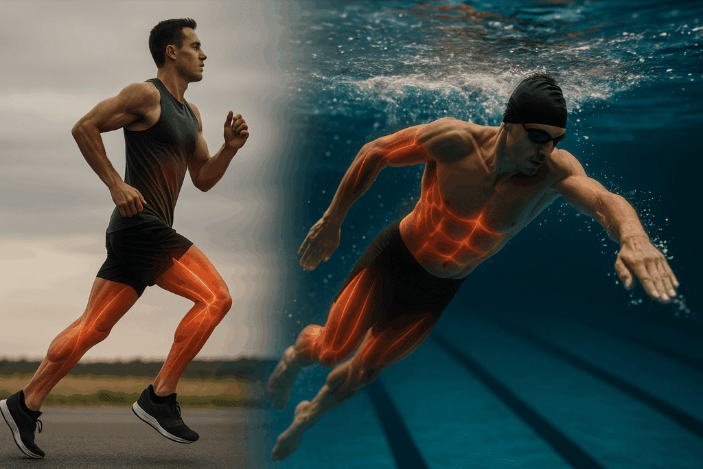 Aerobic vs. Cardiovascular Exercise: What Young Adults Need to Know for Peak Endurance and Performance 5 Long-distance runner and swimmer mid-motion with highlighted muscles to illustrate endurance strength, contrasting Aerobic vs. Cardiovascular Exercise.