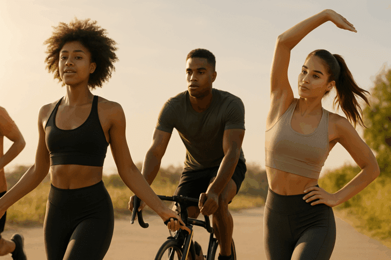 Diverse young adults running, cycling, jumping rope, and stretching outdoors, illustrating Aerobic vs. Cardiovascular Exercise benefits.
