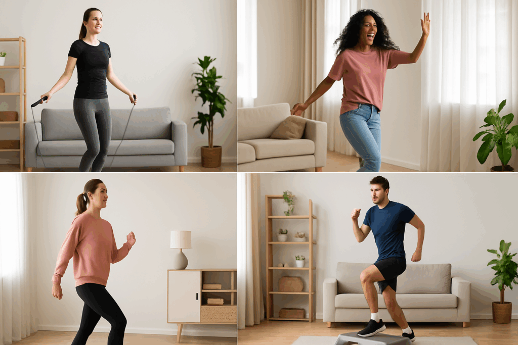 Best Aerobic Exercise at Home for Weight Loss: How to Build Endurance and Burn Fat Naturally 2 People performing the best aerobic exercise at home for weight loss, including jump roping, dancing, walking in place, and step aerobics indoors.