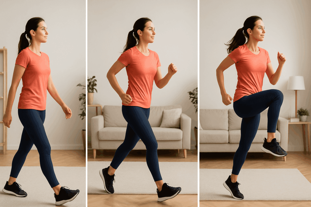 Best Aerobic Exercise at Home for Weight Loss: How to Build Endurance and Burn Fat Naturally 3 Progression of a woman doing the best aerobic exercise at home for weight loss, from walking to jogging to high-knee running in a cozy living room"