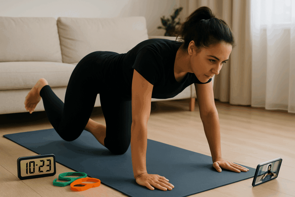Best Aerobic Exercise at Home for Weight Loss: How to Build Endurance and Burn Fat Naturally 4 Focused woman doing plank on a yoga mat with timer, resistance bands, and guided workout video—Best Aerobic Exercise at Home for Weight Loss.