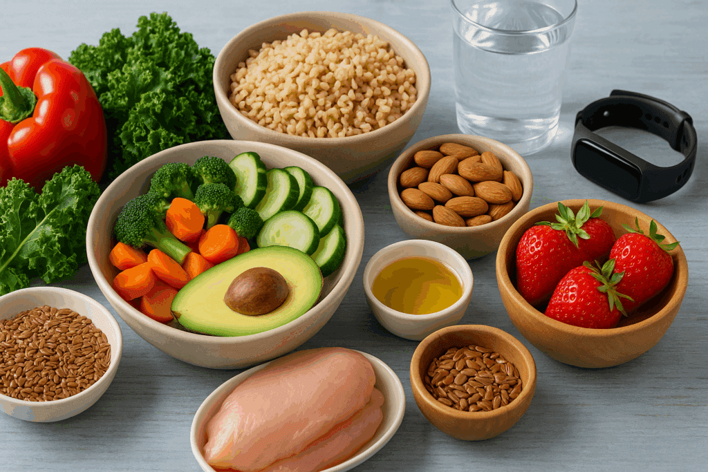 Best Aerobic Exercise at Home for Weight Loss: How to Build Endurance and Burn Fat Naturally 5 Healthy whole foods including lean protein, vegetables, whole grains, fruits, and fitness tracker on kitchen table promoting the Best Aerobic Exercise at Home for Weight Loss