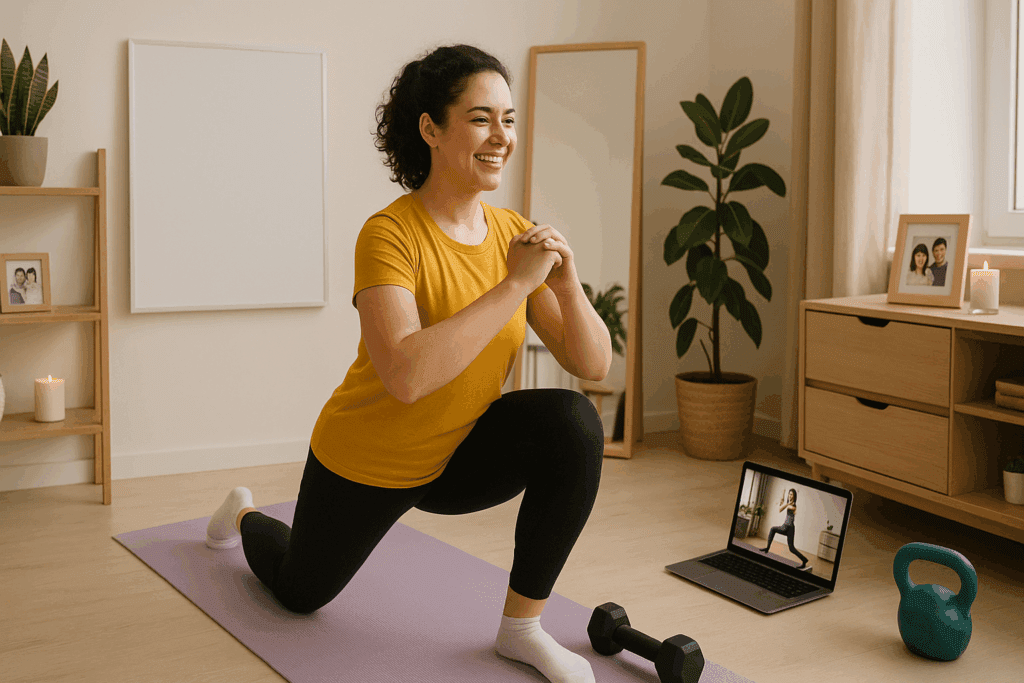 Best Aerobic Exercise at Home for Weight Loss: How to Build Endurance and Burn Fat Naturally 6 Cheerful woman doing lunges in a cozy home gym while following a virtual class, illustrating the best aerobic exercise at home for weight loss.