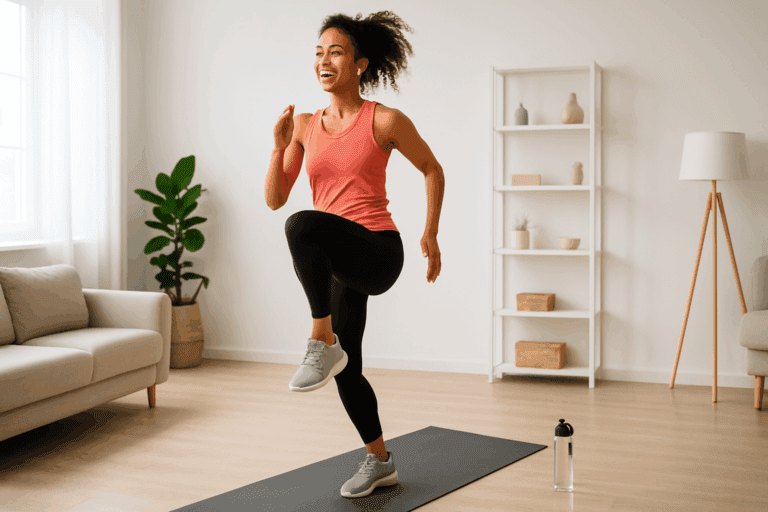 Energized woman doing high knees in a bright living room, demonstrating the best aerobic exercise at home for weight loss.