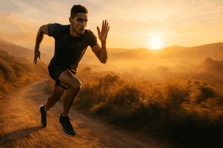Runner sprinting at sunrise along a misty trail through hills, illustrating Best Cardio Run Strategies for Runners.