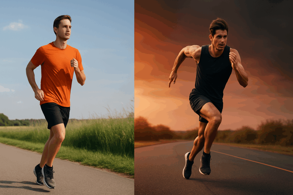 Runner demonstrating Best Cardio Run Strategies for Runners with aerobic pacing on a rural road and intense anaerobic sprinting at sunset
