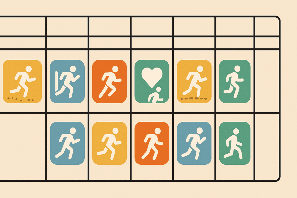 Weekly planner illustration with icons for tempo runs, intervals, recovery jogs, and long runs, showing Best Cardio Run Strategies for Runners.