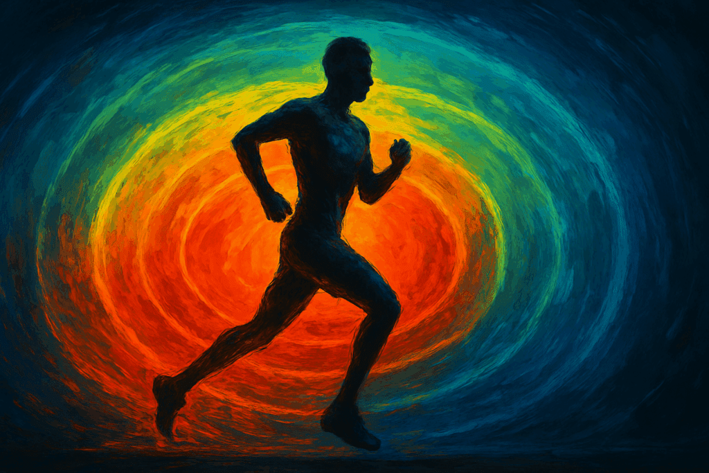 Runner surrounded by vibrant energy fields symbolizing heart rate zones, illustrating Best Cardio Run Strategies for Runners.