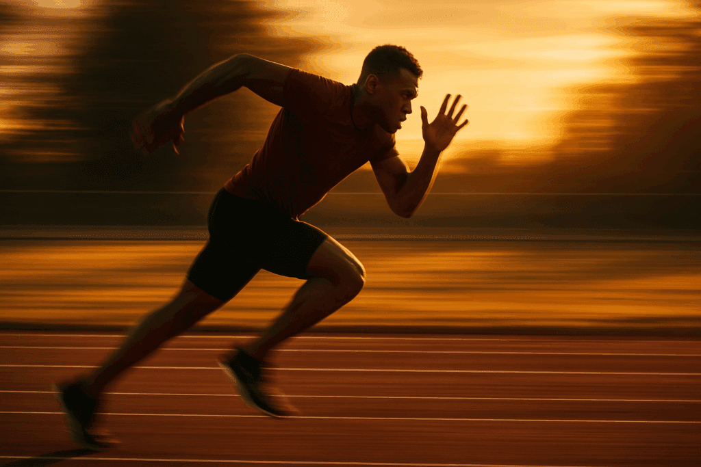 Runner sprinting at golden hour on track, showcasing speed and intensity—ideal for Best Cardio Run Strategies for Runners.