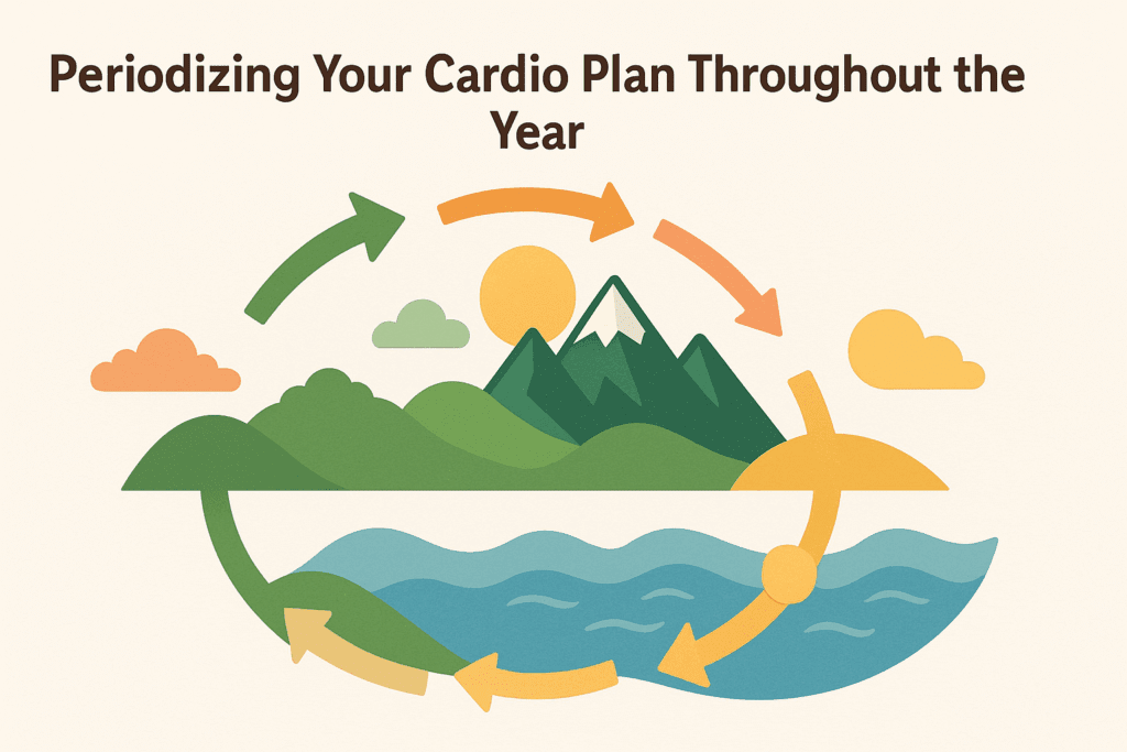 Colorful infographic depicting a seasonal cycle of the Best Cardio Run Strategies for Runners using mountain peaks, hills, and calm waters.