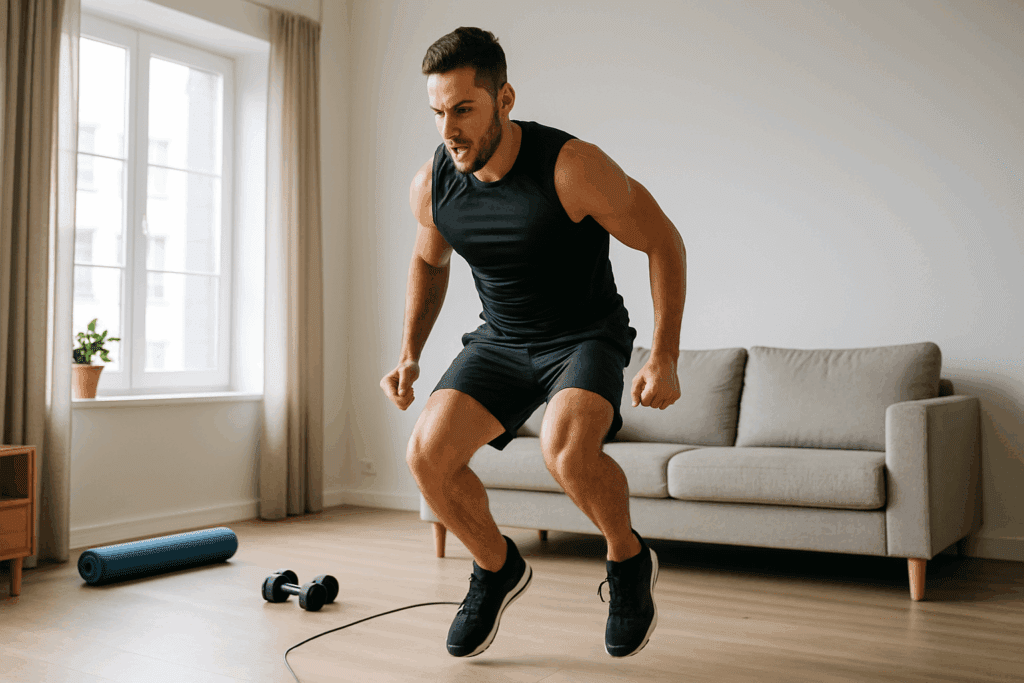 Man doing burpees in a bright modern living room, showcasing one of the best cardio workouts for men at home.