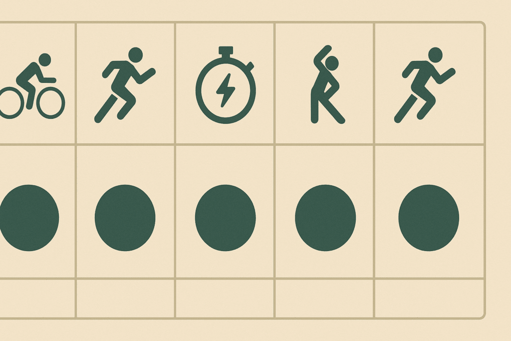 Weekly workout plan with icons for cycling, HIIT, running, stretching, and rest, illustrating the best cardio workouts for men