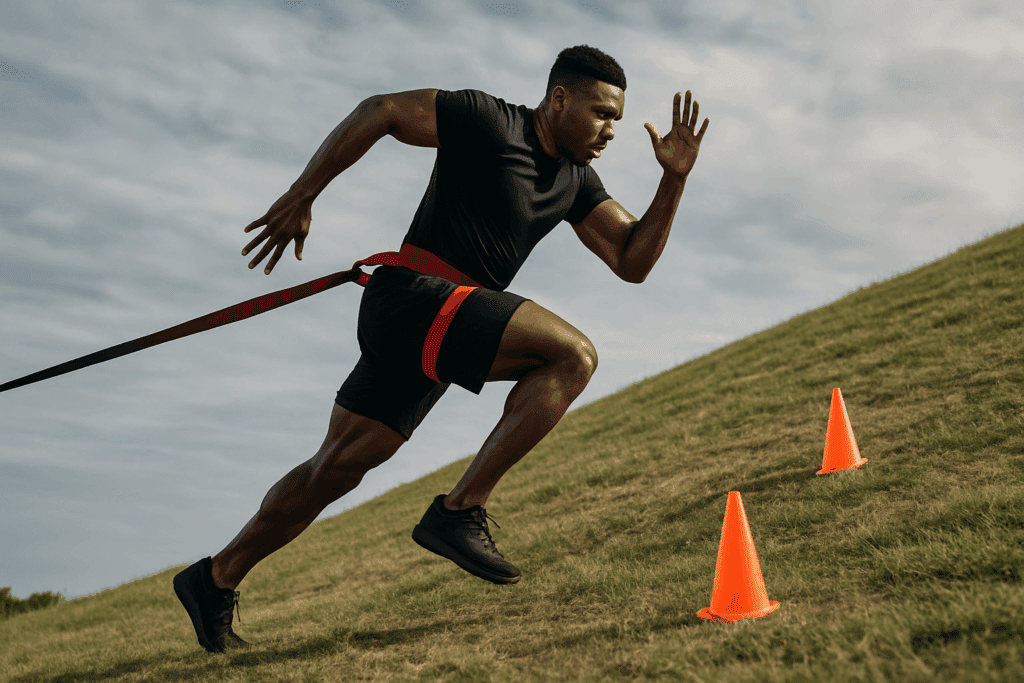 Man sprinting uphill with resistance band and cones, demonstrating one of the best cardio workouts for men focused on strength and speed