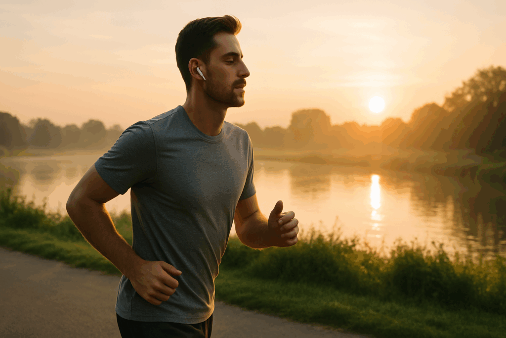 Man jogging at sunrise near a river, reflecting emotional clarity and wellness—ideal for the best cardio workouts for men