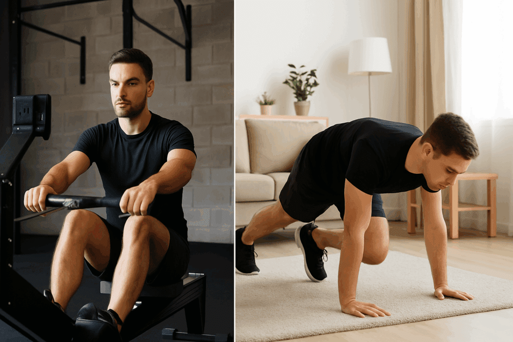 Split-screen of a man doing mountain climbers at home and using a rowing machine at the gym, showing the Best Cardio Workouts for Men