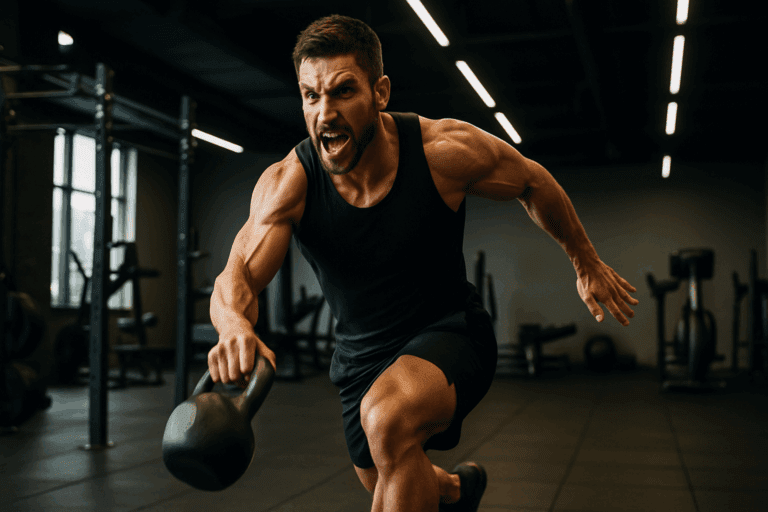 Muscular man mid-kettlebell swing in a modern gym, showcasing intensity and strength during one of the best cardio workouts for men