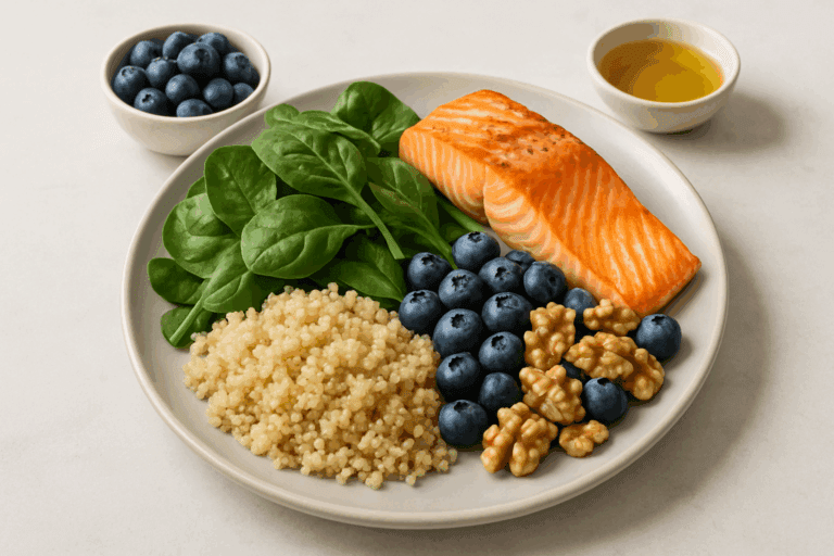 Healthy Mediterranean meal featuring grilled fish, whole grains, vegetables, and healthy fats like olive oil, representing the best foods for anxiety and depression