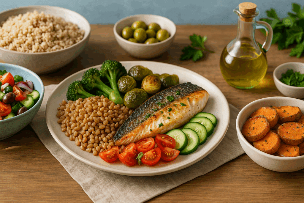 Best Foods for Anxiety and Depression: A balanced plate featuring nutrient-rich foods known to support mental wellness, including spinach, salmon, quinoa, blueberries, and walnuts, arranged artistically on a clean, calming background