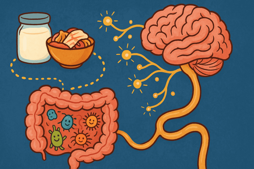 Gut-brain axis illustration showing neural pathways, happy microbes, and fermented foods like yogurt and kimchi—best foods to eat to improve mood