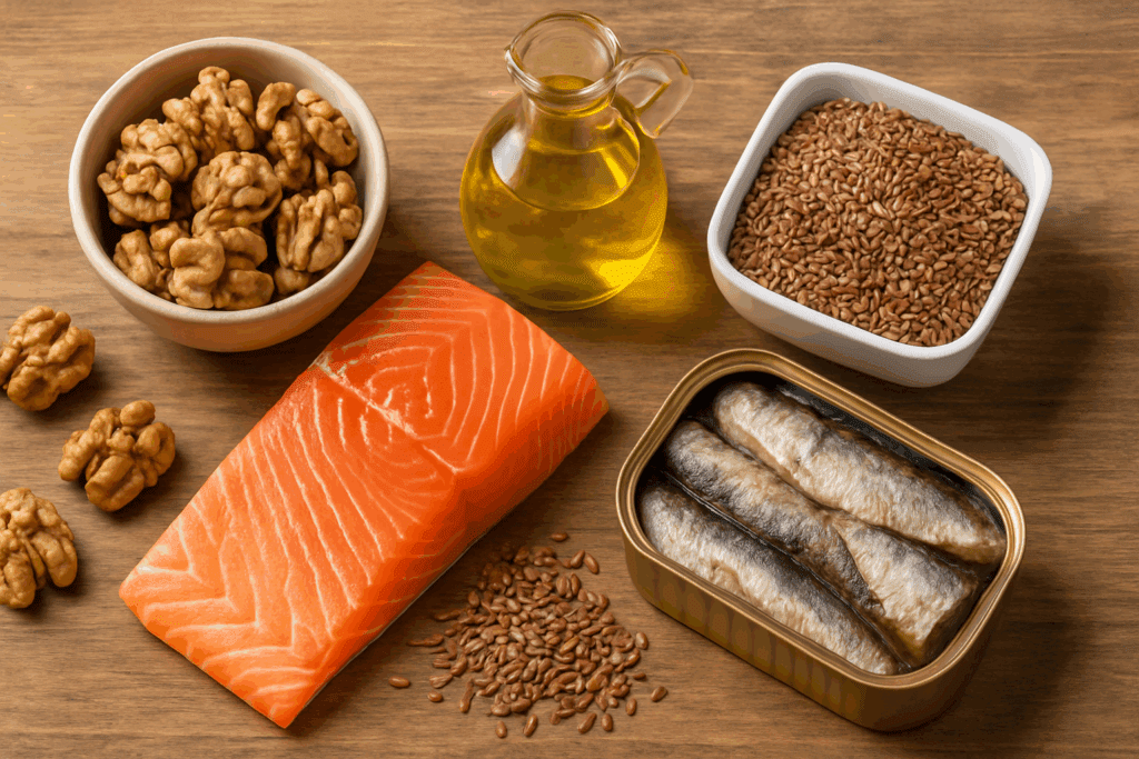 Salmon fillet, walnuts, flaxseeds, and sardines arranged on wood surface—Best Foods to Eat to Improve Mood
