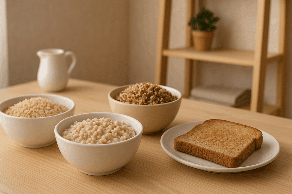 Wholesome breakfast with oats, brown rice, whole wheat toast, and quinoa—some of the best foods to eat to improve mood.
