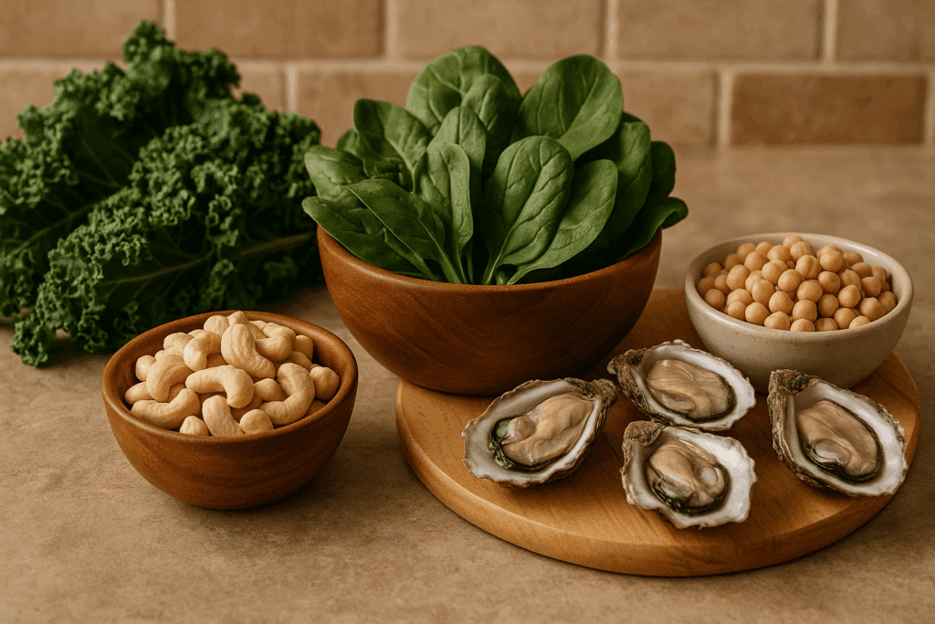 Leafy greens, cashews, chickpeas, oysters, and spinach arranged on a kitchen counter—best foods to eat to improve mood