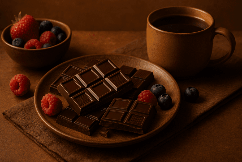Dark chocolate pieces on a rustic ceramic plate with berries and coffee, showcasing one of the best foods to eat to improve mood
