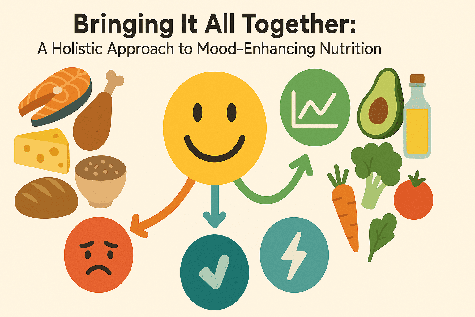 Infographic showing the best foods to eat to improve mood, with icons of proteins, complex carbs, fruits, vegetables, healthy fats, and fermented foods visually linked to benefits like reduced anxiety, stabilized mood, and increased energy