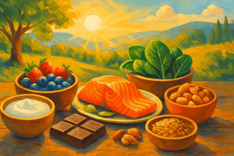 Rustic wooden table with salmon, berries, leafy greens, dark chocolate, yogurt, nuts, and grains in sunlight—best foods to eat to improve mood