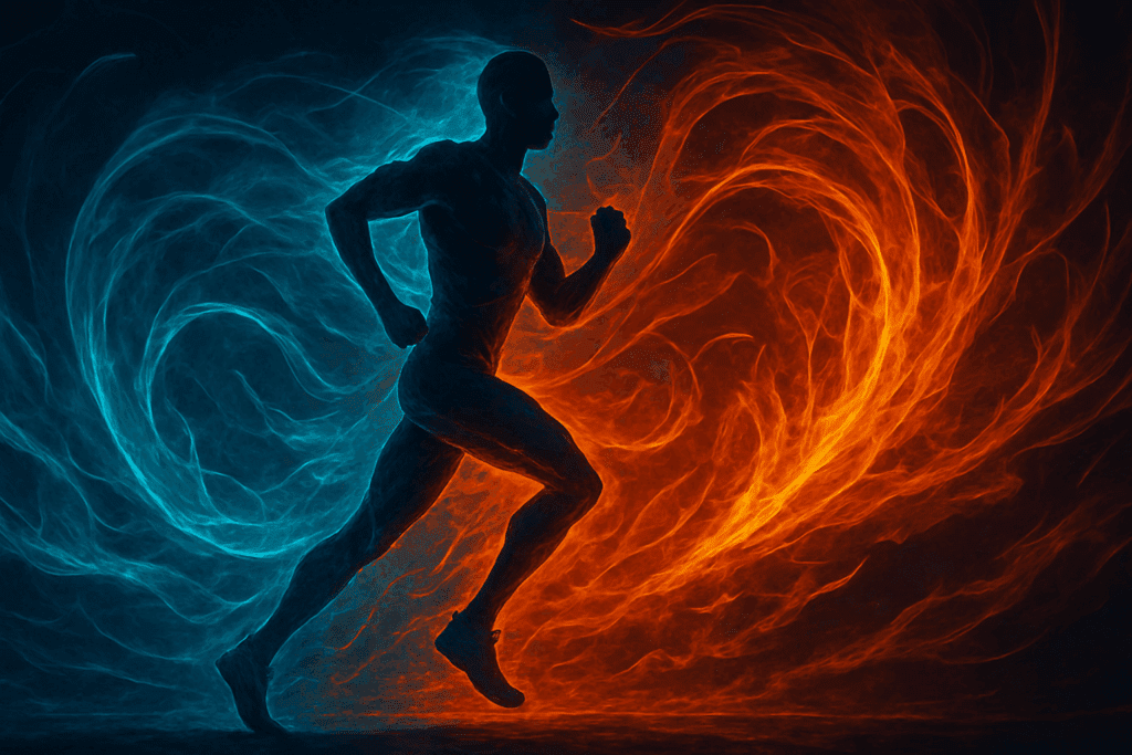 Best HIIT Workout for Fat Loss: How High Intensity Training Boosts Endurance and Supports Weight Loss Goals 1 Silhouette of a runner surrounded by vibrant blue and red energy waves symbolizing metabolism and fat burning during the Best HIIT Workout for Fat Loss.