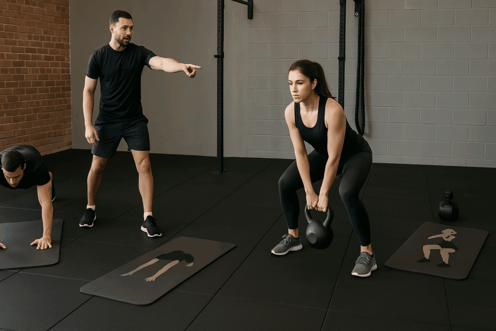 Best HIIT Workout for Fat Loss: How High Intensity Training Boosts Endurance and Supports Weight Loss Goals 2 Personal trainer coaching a trainee through a multi-station circuit with kettlebell swings, burpees, and jump squats in a gym for the Best HIIT Workout for Fat Loss