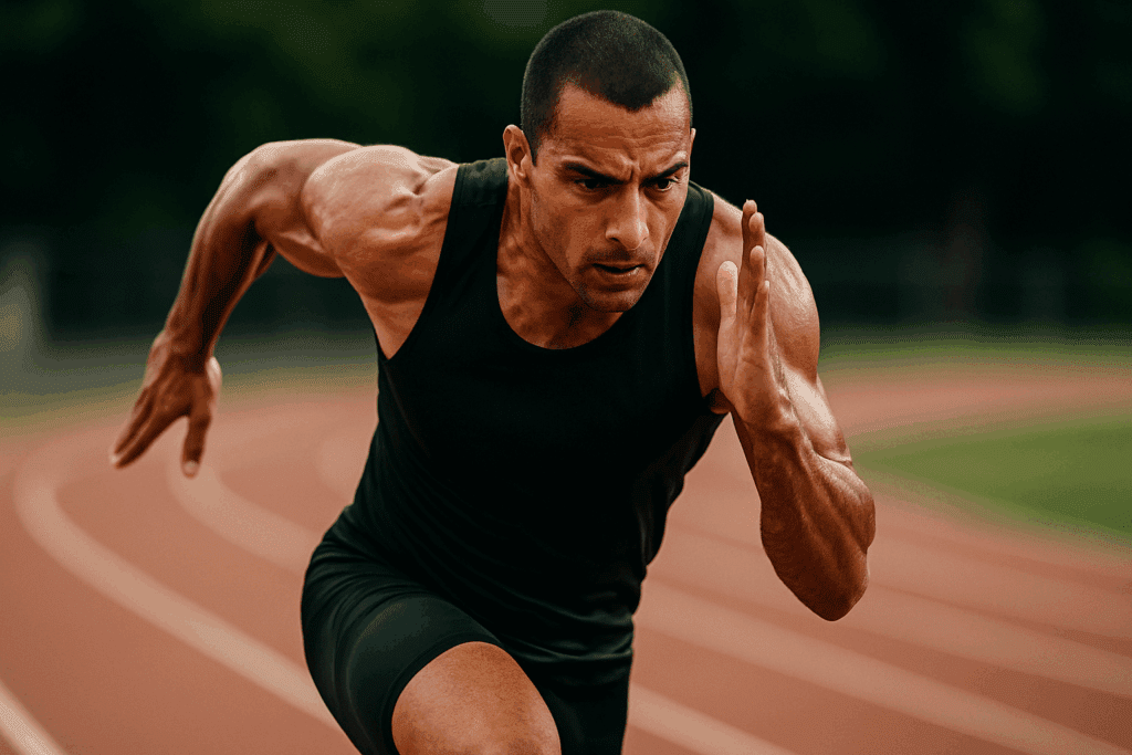 Best HIIT Workout for Fat Loss: How High Intensity Training Boosts Endurance and Supports Weight Loss Goals 3 Muscular athlete sprinting intensely on a track, showcasing endurance and power during the Best HIIT Workout for Fat Loss.