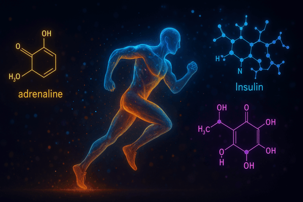 Best HIIT Workout for Fat Loss: How High Intensity Training Boosts Endurance and Supports Weight Loss Goals 4 Dynamic human figure running with glowing adrenaline, HGH, and insulin molecules, symbolizing metabolic changes during the Best HIIT Workout for Fat Loss