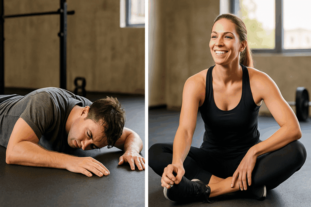 Best HIIT Workout for Fat Loss: How High Intensity Training Boosts Endurance and Supports Weight Loss Goals 5 Split-screen showing wrong vs right post-HIIT recovery: exhausted man after overtraining and smiling athlete stretching after the Best HIIT Workout for Fat Loss.